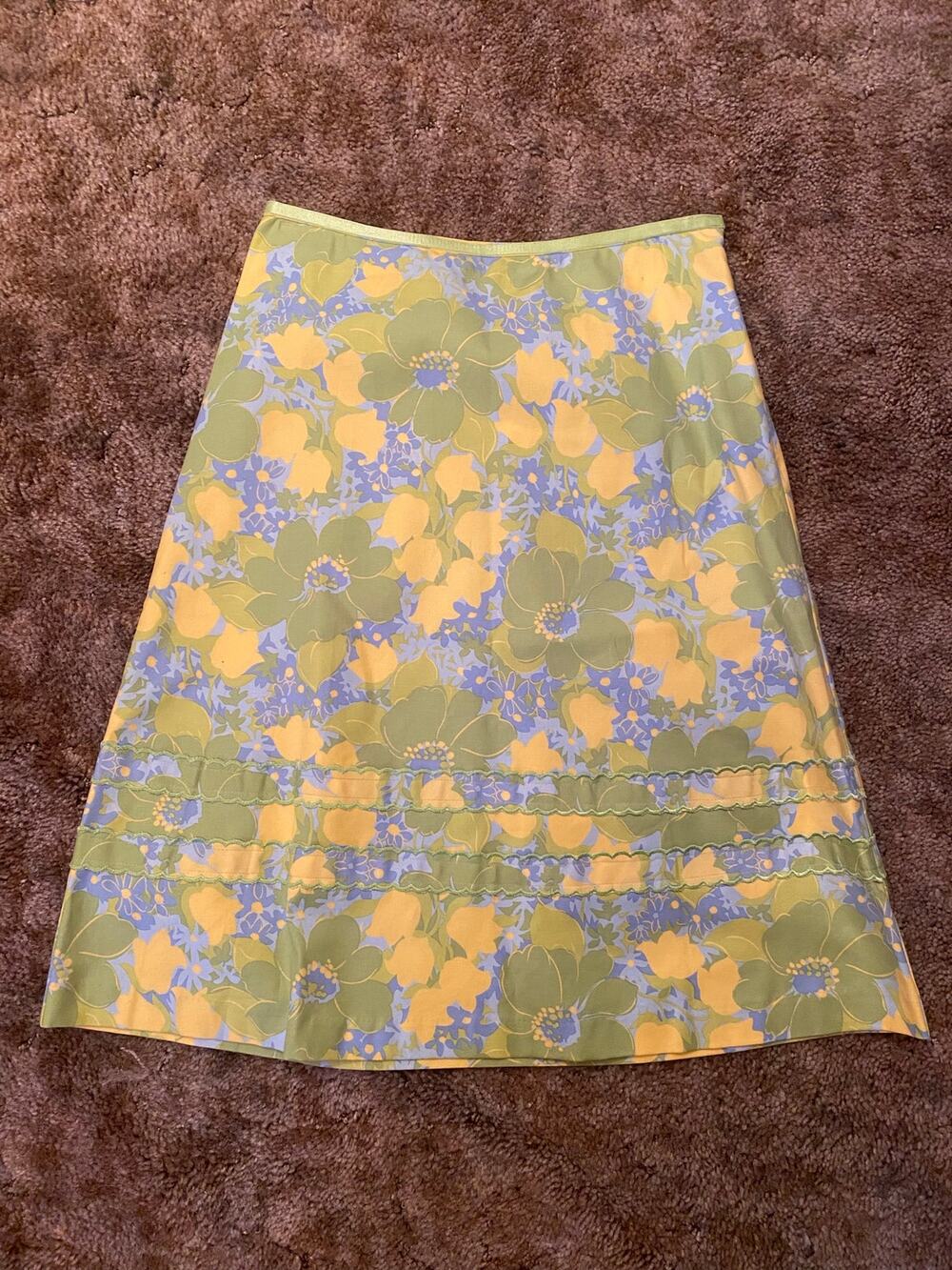 Northern Isles Vintage Floral A-Line Skirt Green Yellow Blue Retro Print Bold